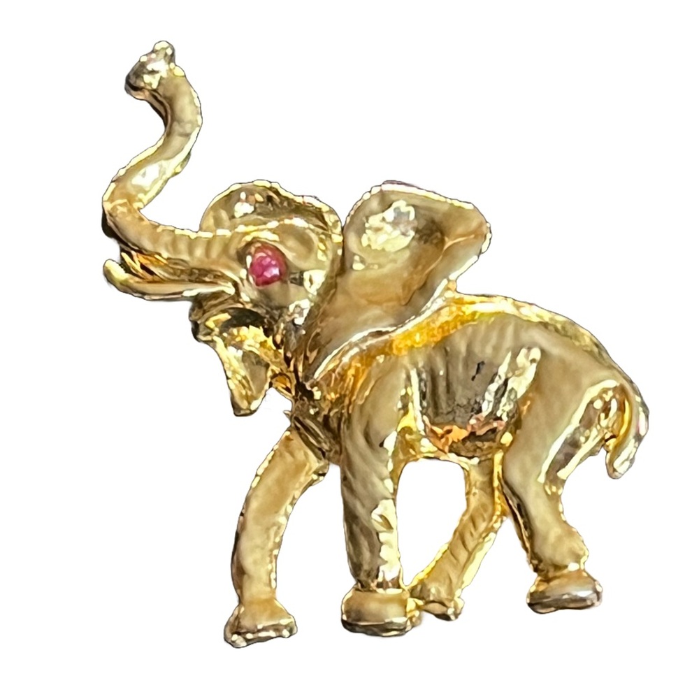 Vintage Napier Gilt Elephant Brooch, Trunk Up, Red Eye, 2” — Mid-Century Design